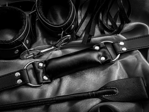 Riding crop, a whip flogger, leather handcuffs and a mouth gag o Benutzte Toys werden präsentiert